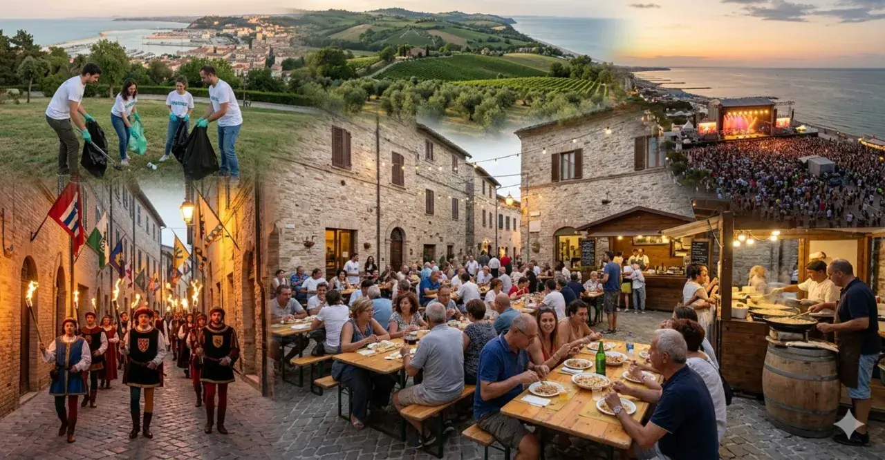 Un collage di immagini che mostrano la bellezza delle Marche: volontari puliscono un parco, un corteo storico, una cena all'aperto e un grande concerto sulla spiaggia.