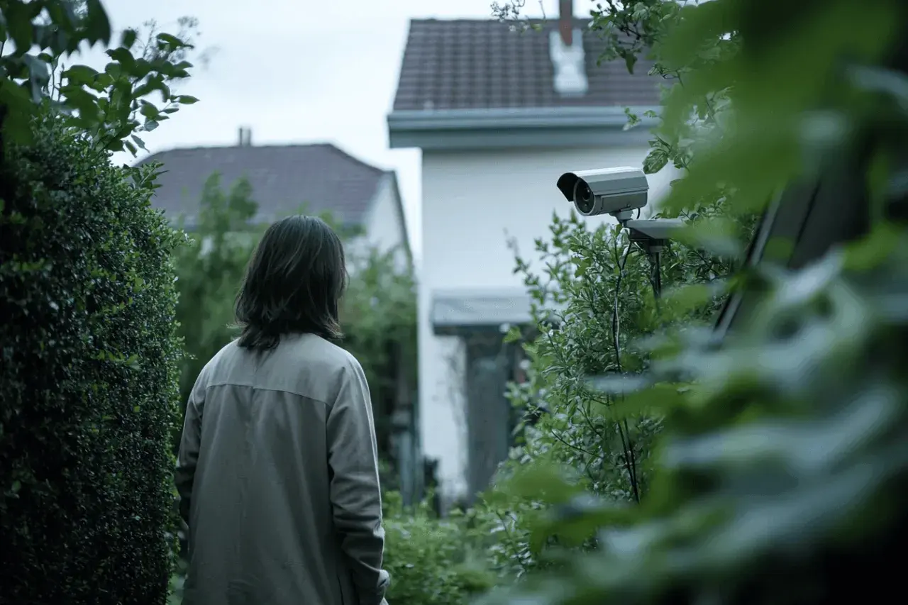 Une personne se tient dans un jardin, regardant une caméra de surveillance. La scène évoque la réglementation sur les caméras de surveillance du voisin.