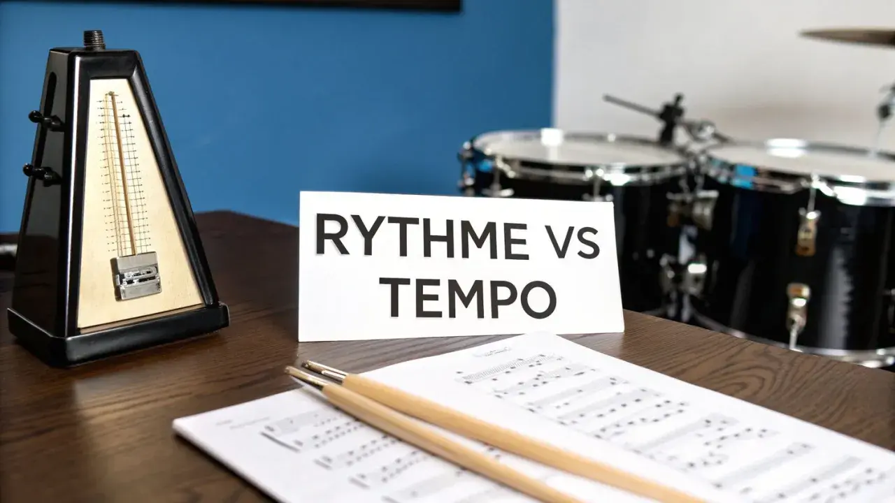 Un métronome, des partitions et des baguettes de batterie suggèrent le **rythme** et le **tempo** de la **musique**.