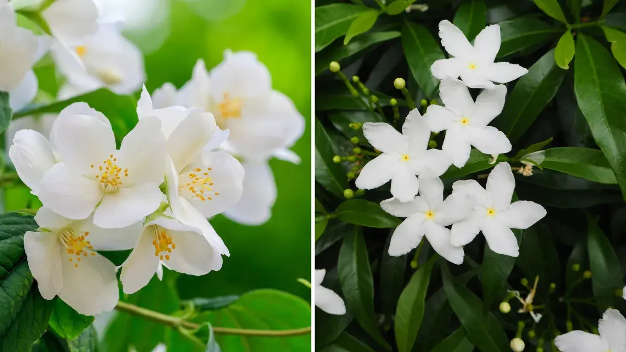Två närbilder av vita jasminblommor. Till vänster en buske med fyllda blommor, till höger en med enkla stjärnformade blommor.