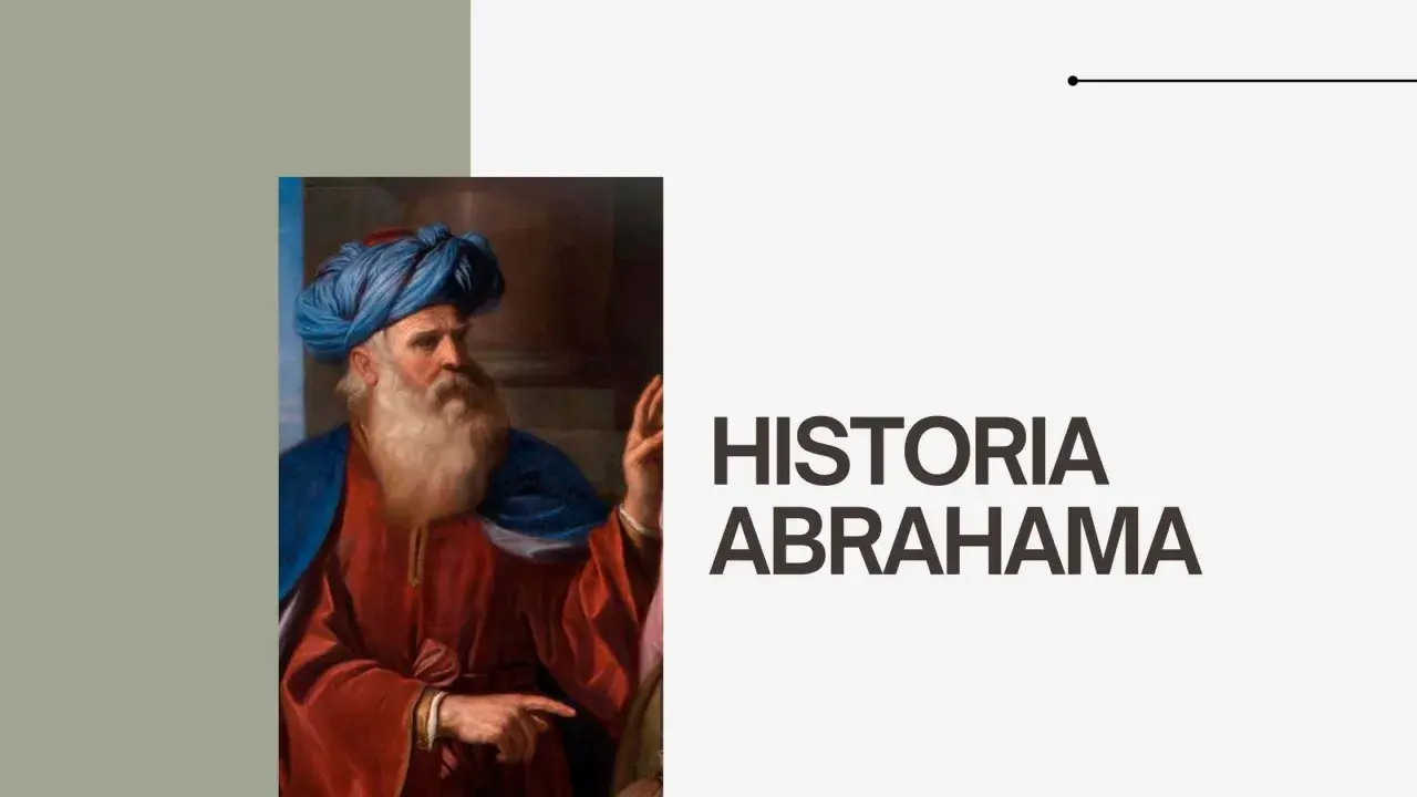 Obraz przedstawia Abrahama w niebieskim turbanie i czerwonej szacie. Tekst "HISTORIA ABRAHAMA" sugeruje streszczenie jego życia.