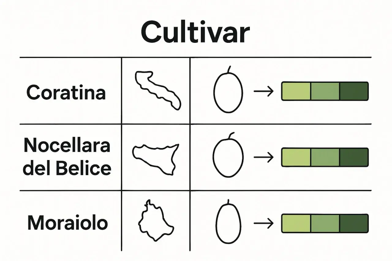 Tabella per come riconoscere le varietà di olivo: Coratina, Nocellara del Belice, Moraiolo, con indicazioni su forma e maturazione.