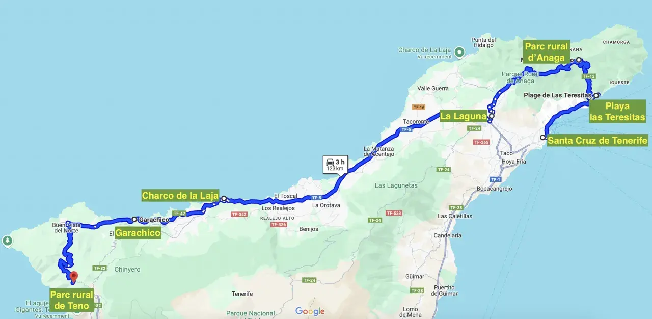 Carte des **activités à découvrir** à **Tenerife** : route de Garachico à Santa Cruz, passant par La Laguna et le Parc rural d'Anaga.