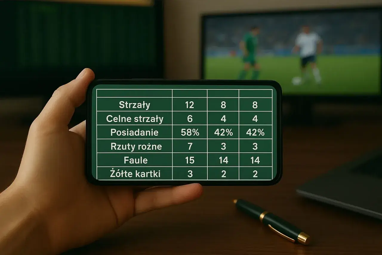 Analiza la liga – statystyki meczowe na ekranie telefonu: strzały, posiadanie piłki, faule.