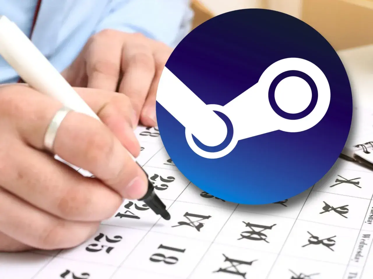 Ręka z markerem zaznacza daty w kalendarzu, czekając na przeceny na Steam.