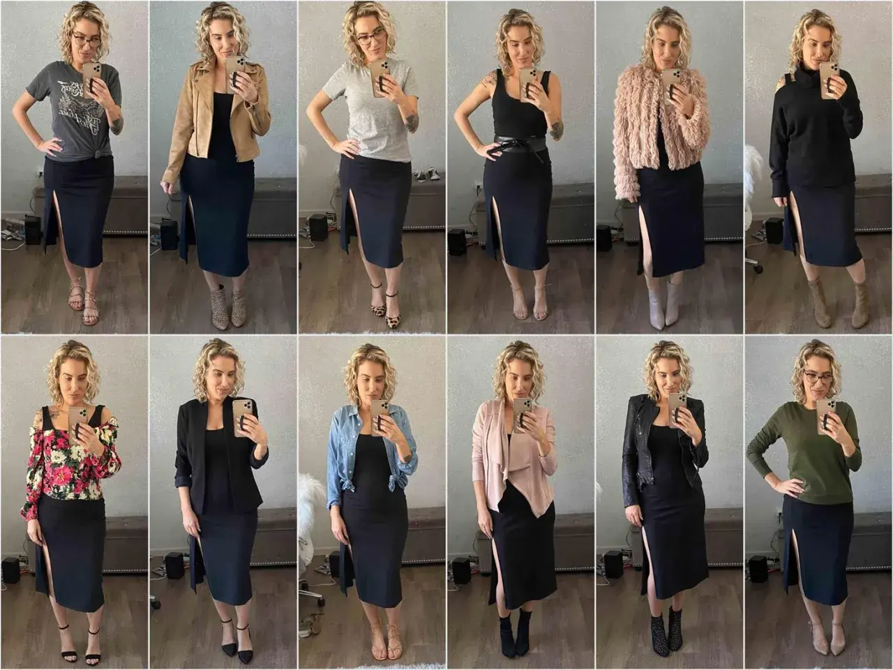 Kobieta prezentuje 12 stylizacji z czarną sukienką. Pokazuje, co do sukienki na wierzch, od kurtek po swetry i bluzki.