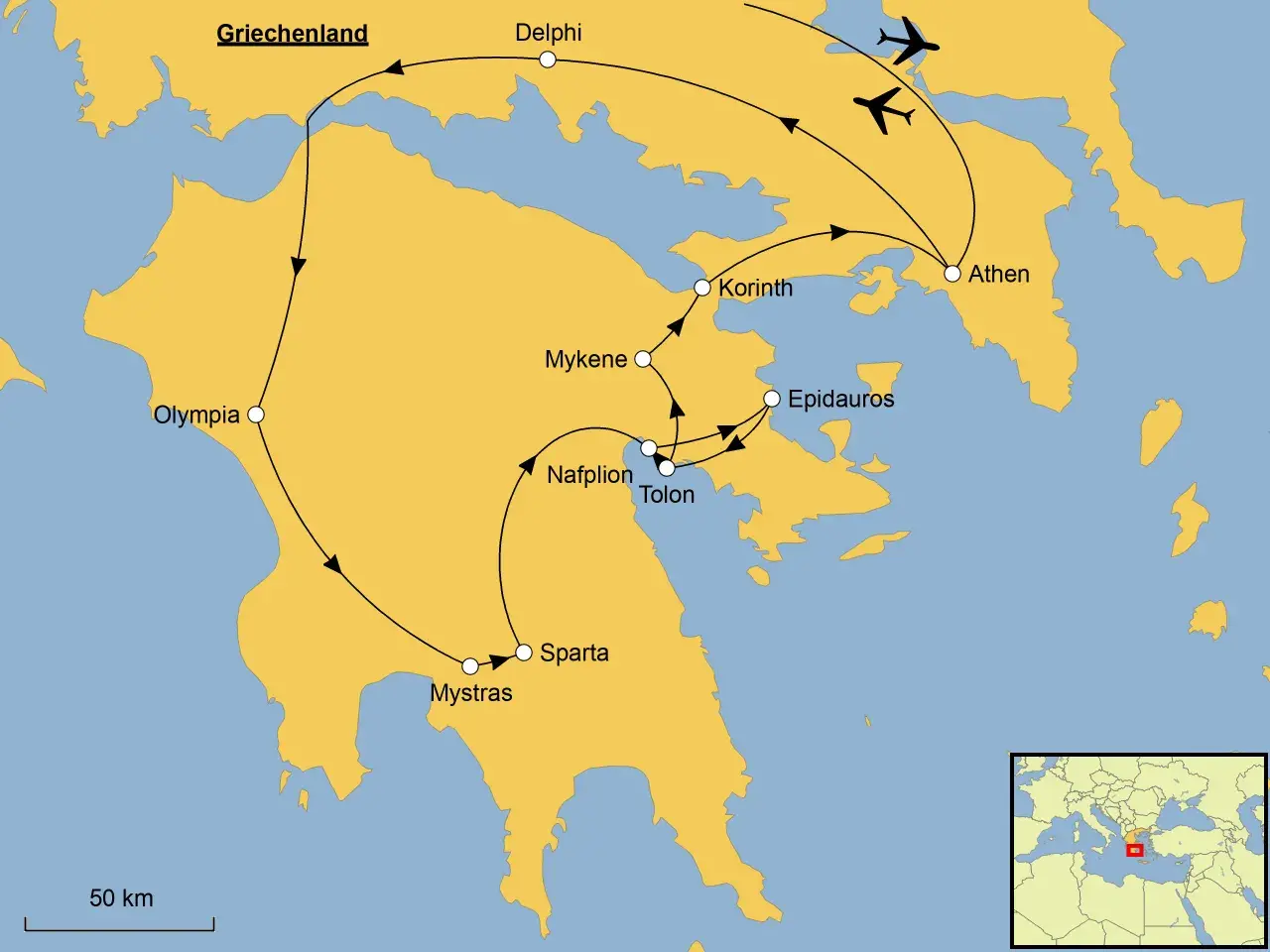 Karte von Griechenland mit Reiseroute: Athen, Delphi, Korinth, Mykene, Epidaurus, Nafplion, Tolon, Sparta, Mystras, Olympia. Flugzeuge markieren An- und Abreise.