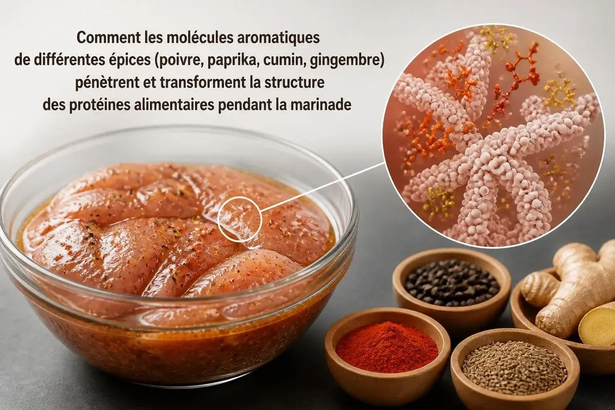 Marinade de poulet avec des épices, montrant l'interaction des molécules aromatiques des 4 épices avec les protéines alimentaires.