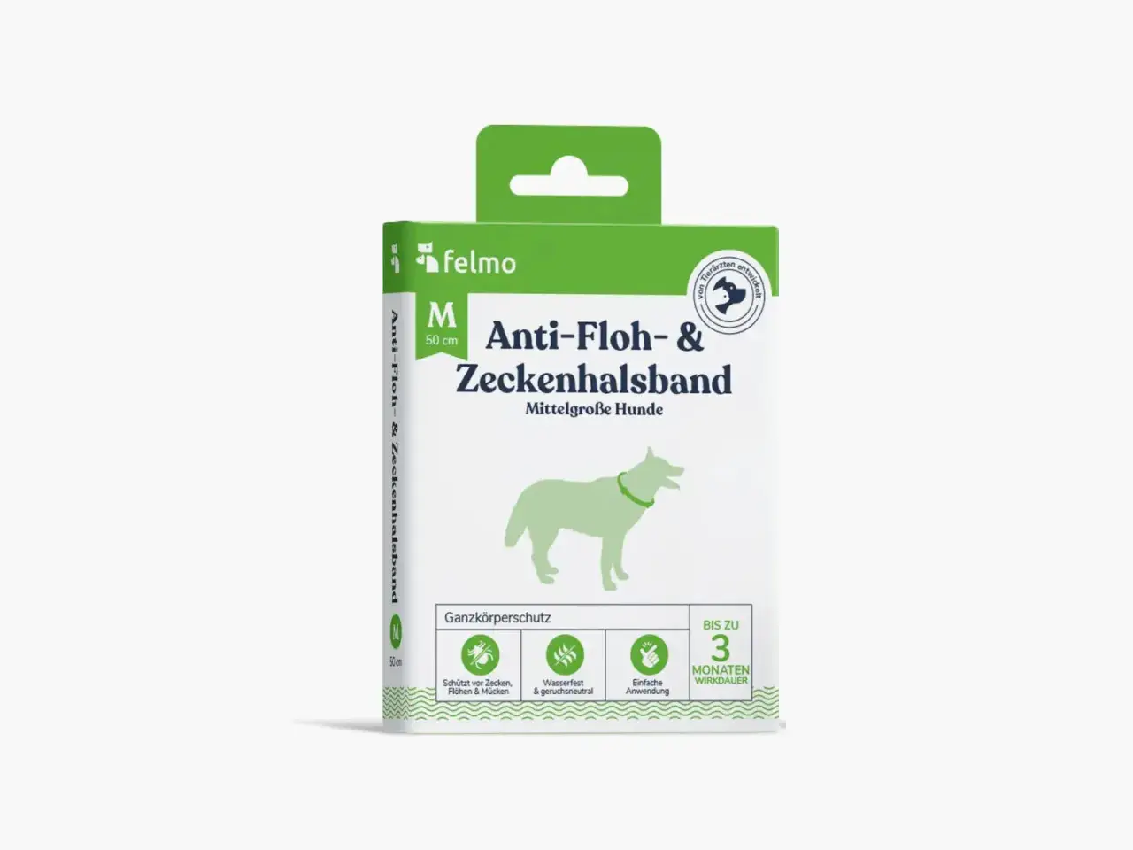 Verpackung eines felmo Anti-Floh- & Zeckenhalsbands für mittelgroße Hunde. Das giftige Flohhalsband schützt bis zu 3 Monate.