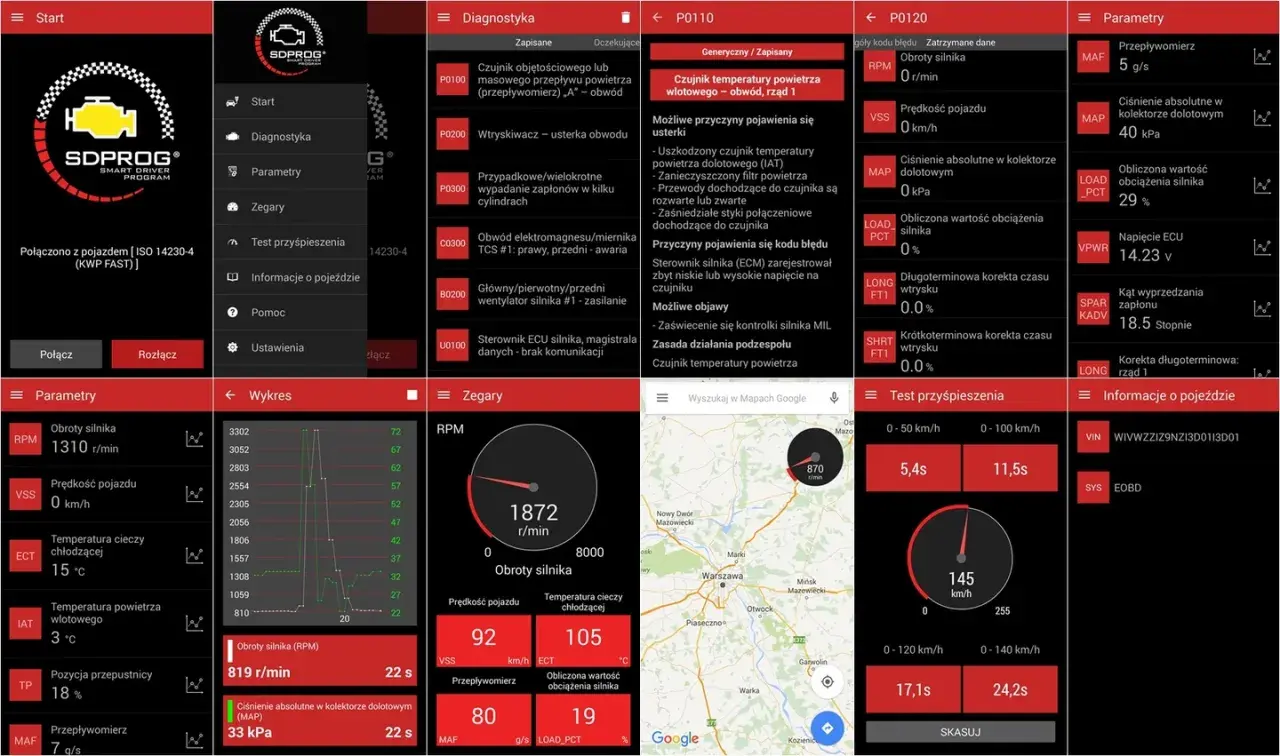 Aplikacja SDPROG pokazuje dane diagnostyczne pojazdu, w tym obroty silnika, prędkość i temperaturę. Można tu sprawdzić, jak zaktualizować sdprog, przeglądając menu Ustawienia.