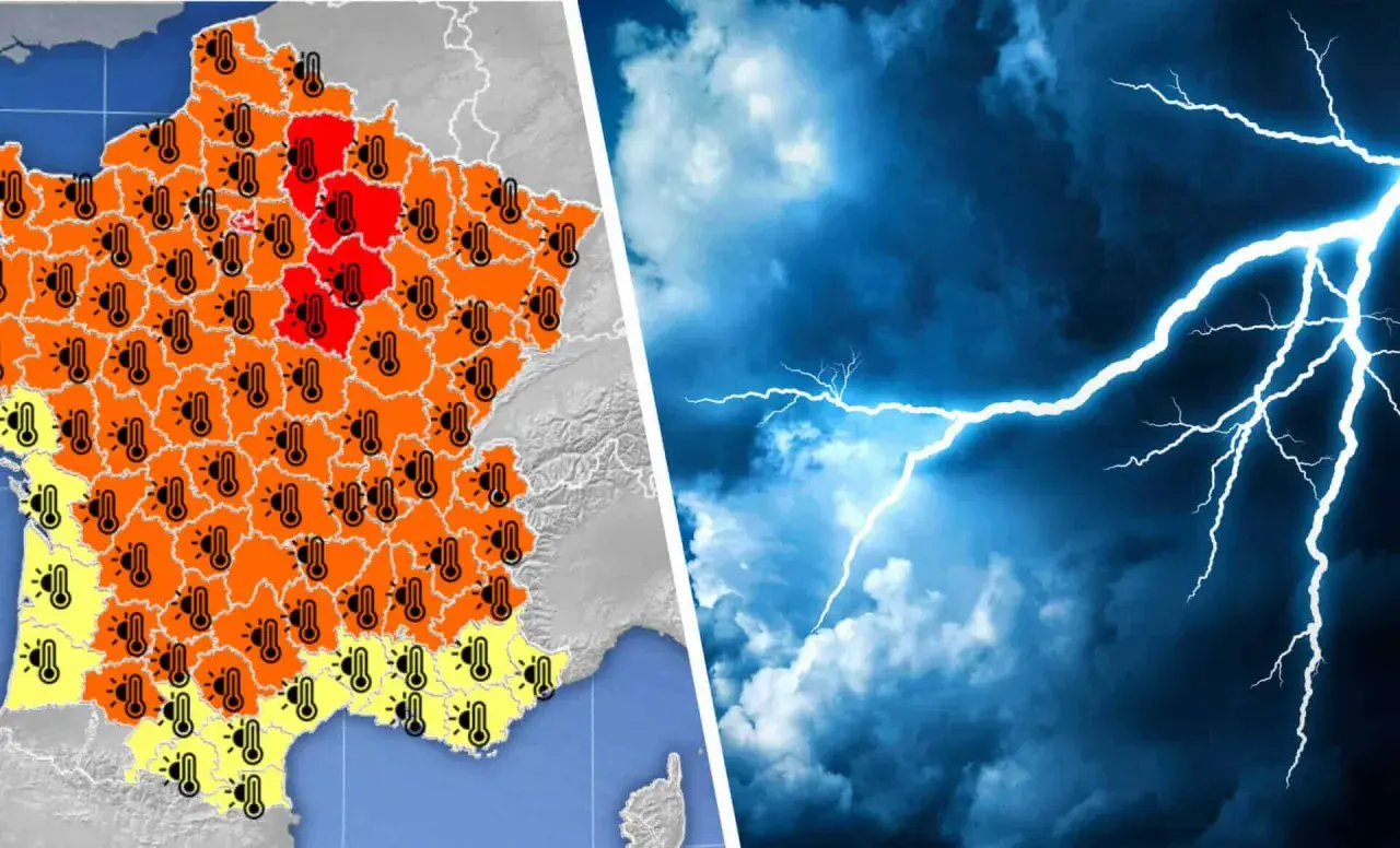 Carte de France avec des thermomètres indiquant des températures élevées, et un ciel orageux avec un éclair. Prévision des orages violents.