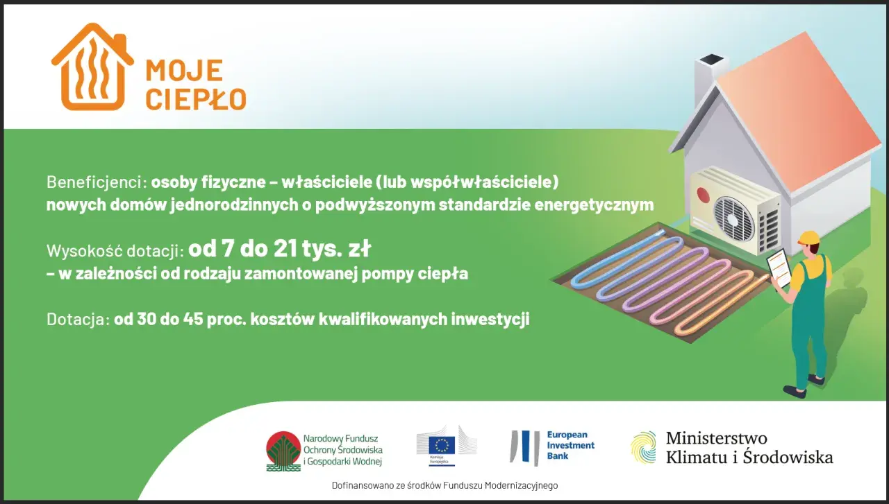 Grafika promuje program "Moje ciepło", oferujący dotacje na pompy ciepła do nowych domów. Idealne rozwiązanie dla spełnienia **moje ciepło wymagania**.