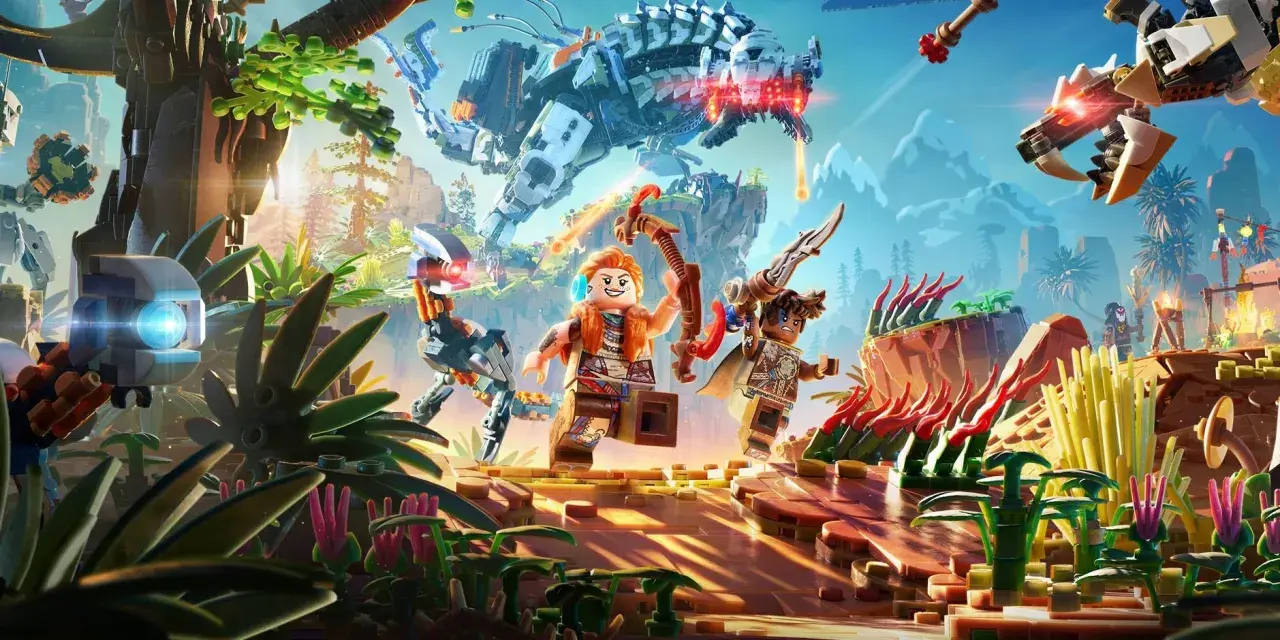 Aloy i Erend w świecie klocków Lego, gotowi na nowe lego horizon adventures. W tle ogromny mechaniczny dinozaur.