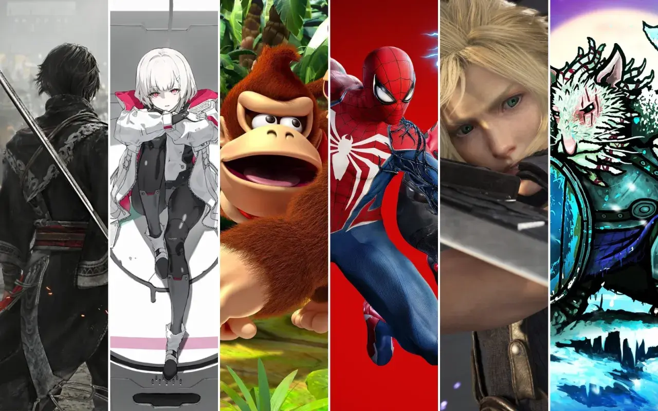 Nadchodzące gry na PS5: wojownik z mieczem, dziewczyna w białym stroju, Donky Kong, Spider-Man, Cloud Strife i tajemnicza postać w zimowej scenerii.