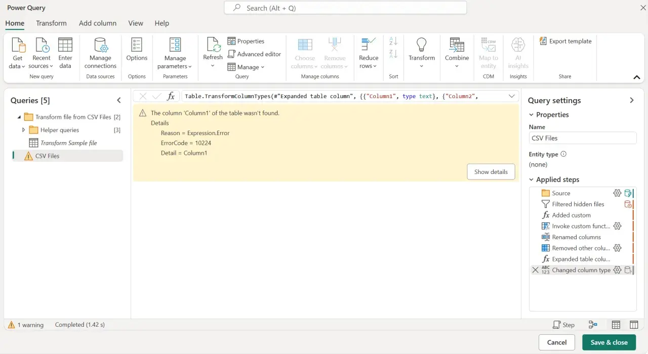 Errore in Power Query: la colonna 'Column1' non trovata durante la trasformazione di un file CSV in Excel.