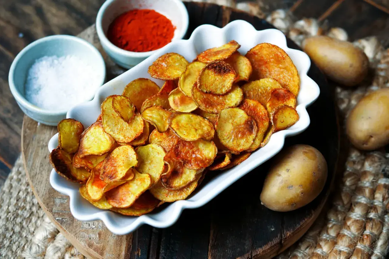 Knusprige, selbstgemachte Kartoffelchips, gewürzt mit Paprika und Salz, daneben rohe Kartoffeln. So einfach ist es, Chips selber machen!