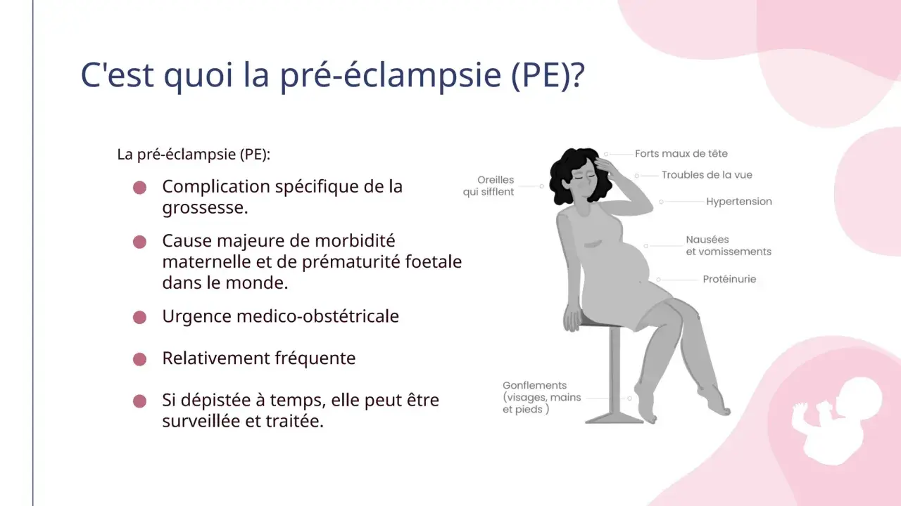 Illustration expliquant la pré-éclampsie et ses symptômes : maux de tête, troubles de la vue, hypertension, nausées, vomissements, protéinurie, sifflements d'oreilles et gonflements.