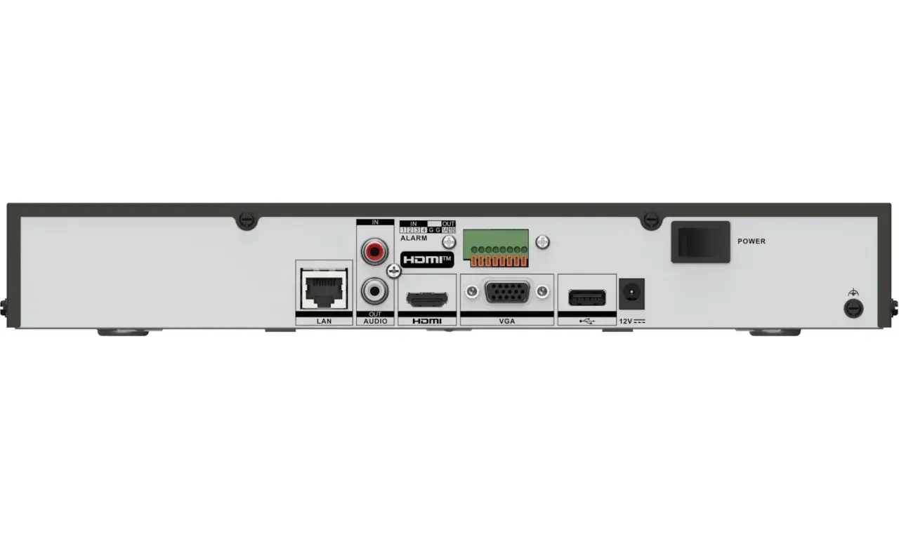 Tył rejestratora z portami LAN, HDMI, VGA, USB, zasilania i alarmu. Potrzebujesz go do konfiguracji Hik-Connect, wpisz kod weryfikacyjny.