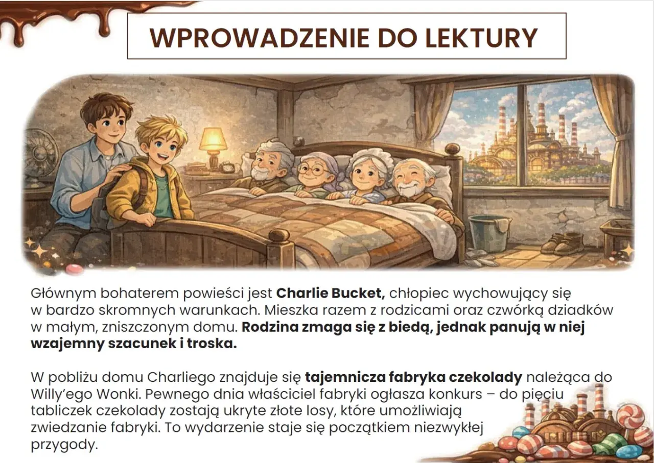 Charlie Bucket z rodziną w skromnym domu, w tle fabryka czekolady.