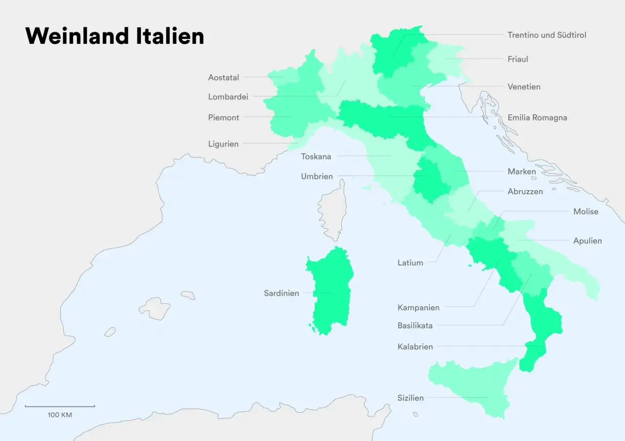 Karte von Italien mit hervorgehobenen Weinregionen. Von Aostatal bis Sizilien, jede Region repräsentiert ein Stück italienischer Weinkultur.