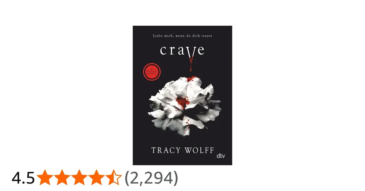 Buchcover "Crave" von Tracy Wolff: Eine weiße Blüte mit roten Blutspritzern, darunter der Titel und der Name der Autorin.