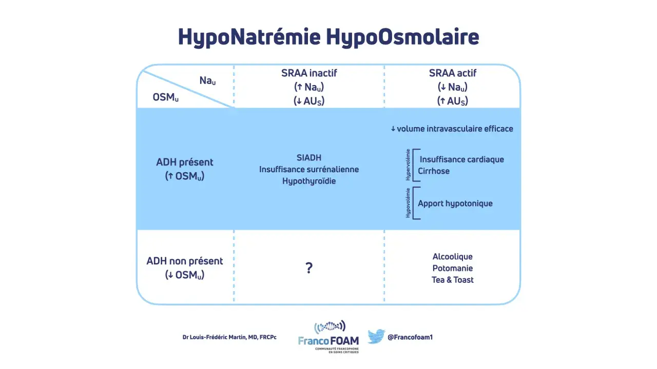 Tableau clinique de l'hyponatrémie hypo-osmolaires, classifiant les causes selon la présence d'ADH et le volume intravasculaire, et identifiant les situations de manque de sodium.