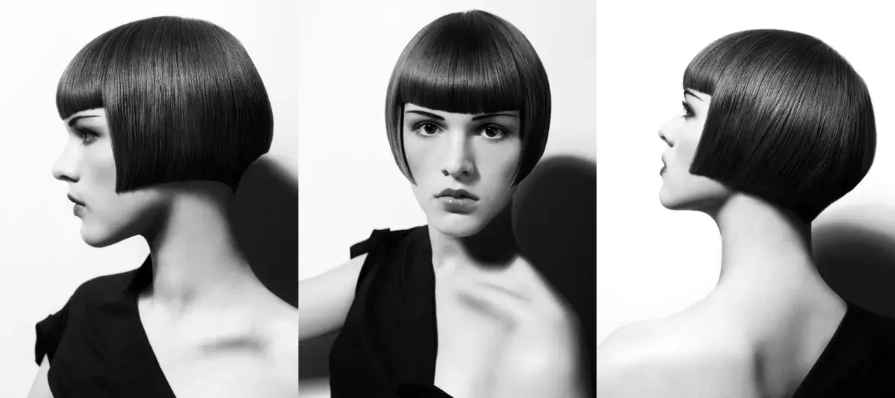 Tres vistas de un corte de pelo bob recto y pulido con flequillo recto.