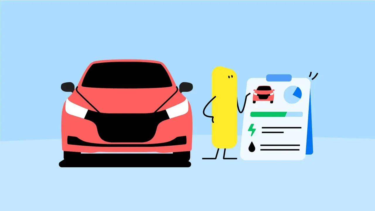 A red car and a yellow character stand next to a clipboard with car efficiency data.