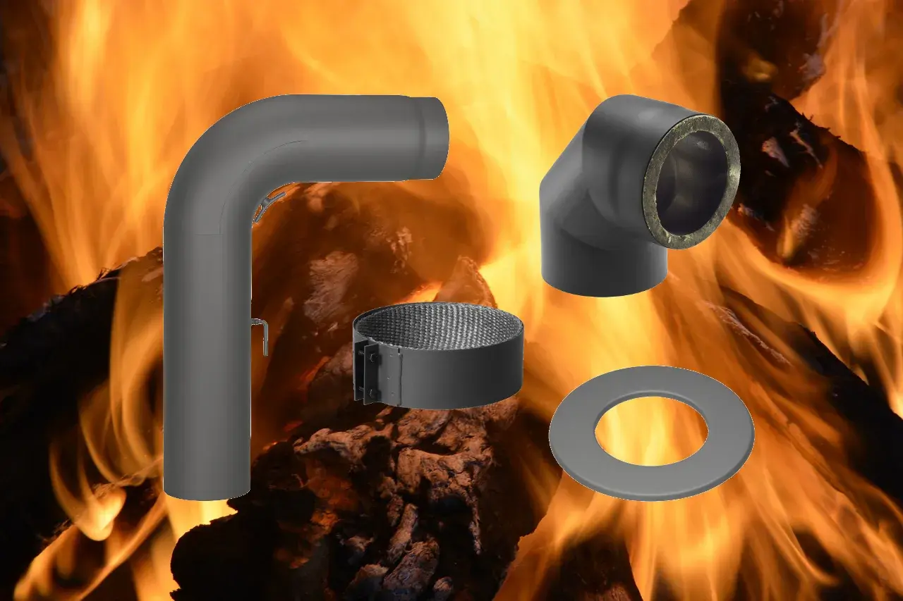 Ofenrohr-Teile und Dichtungsband für das Ofenrohr abdichten, vor loderndem Feuer.