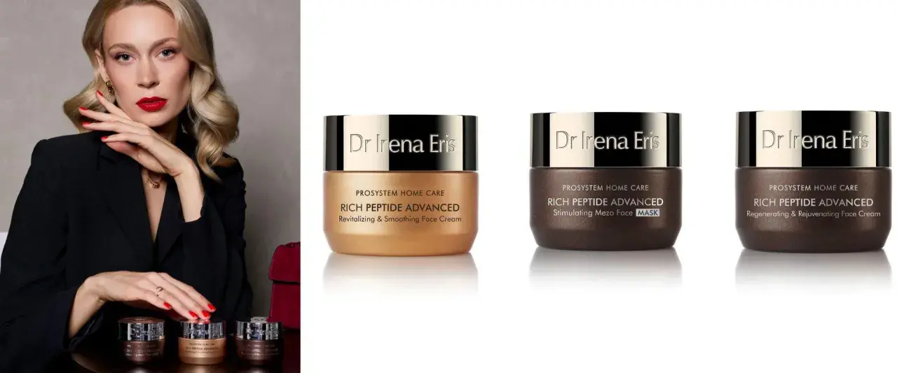 Elegancka kobieta prezentuje kosmetyki Dr Irena Eris z serii Rich Peptide Advanced.