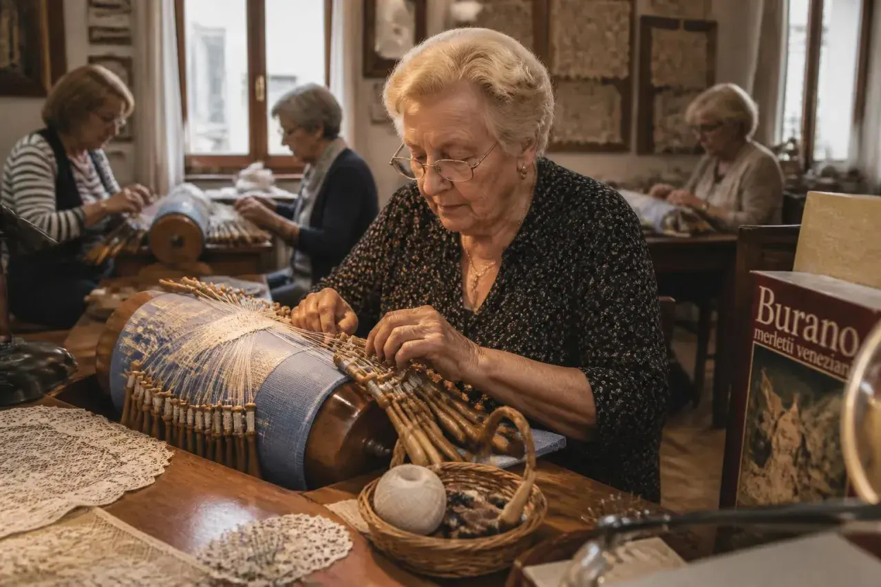 Donne anziane creano merletti a tombolo, un'arte tradizionale di Burano. I loro fili intrecciati danno vita a delicati ricami.