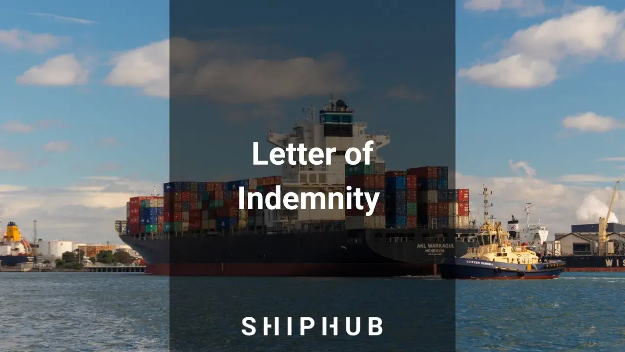 Ein Containerschiff mit dem Text "Letter of Indemnity" und "SHIPHUB" im Vordergrund.