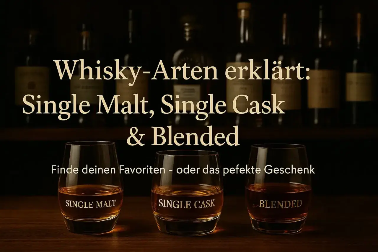 Drei Gläser mit Whisky: Single Malt, Single Cask und Blended. Erklärt den Unterschied zwischen Single Malt und Blended Whisky.