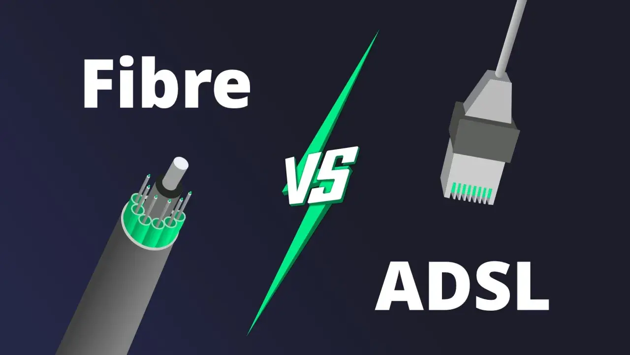 Comparaison visuelle entre la fibre optique et l'ADSL, illustrant la technologie de connexion internet.