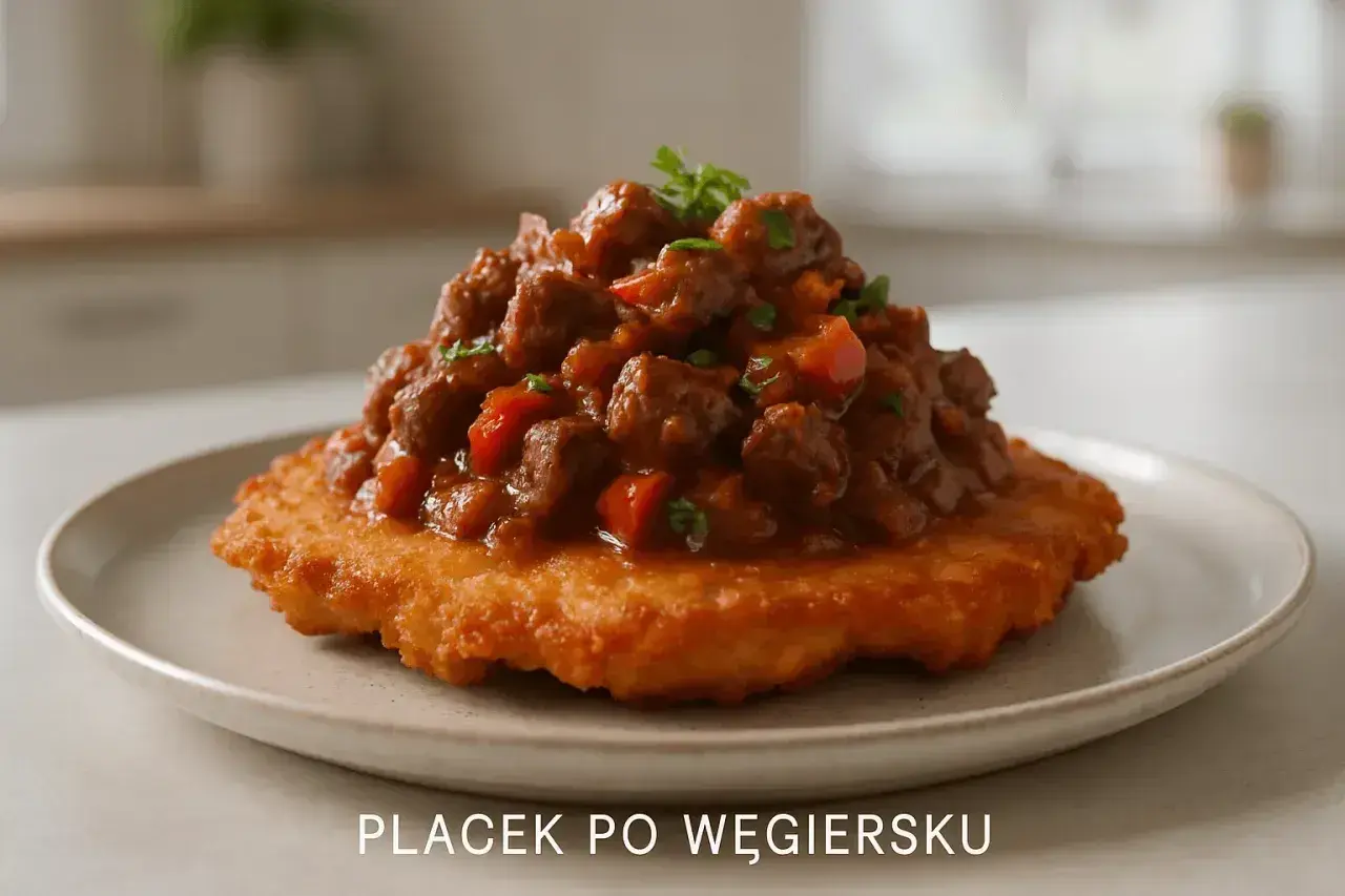 Pyszny placek po węgiersku, z gęstym gulaszem mięsnym i warzywami, podany na chrupiącym placku ziemniaczanym.