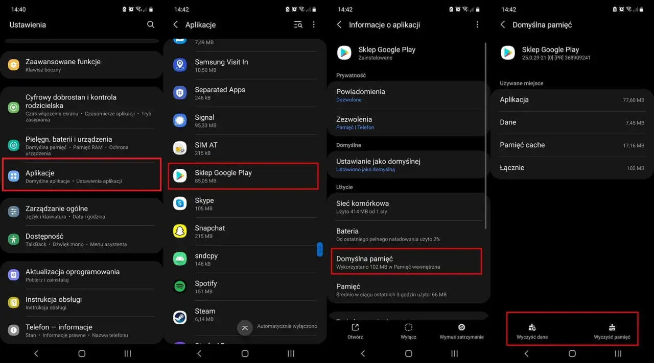 Szukasz informacji o **sklep play aktualizacja**? Na zrzutach ekranu widać ścieżkę do ustawień aplikacji Sklep Google Play, gdzie można sprawdzić zajmowane miejsce i wyczyścić dane.