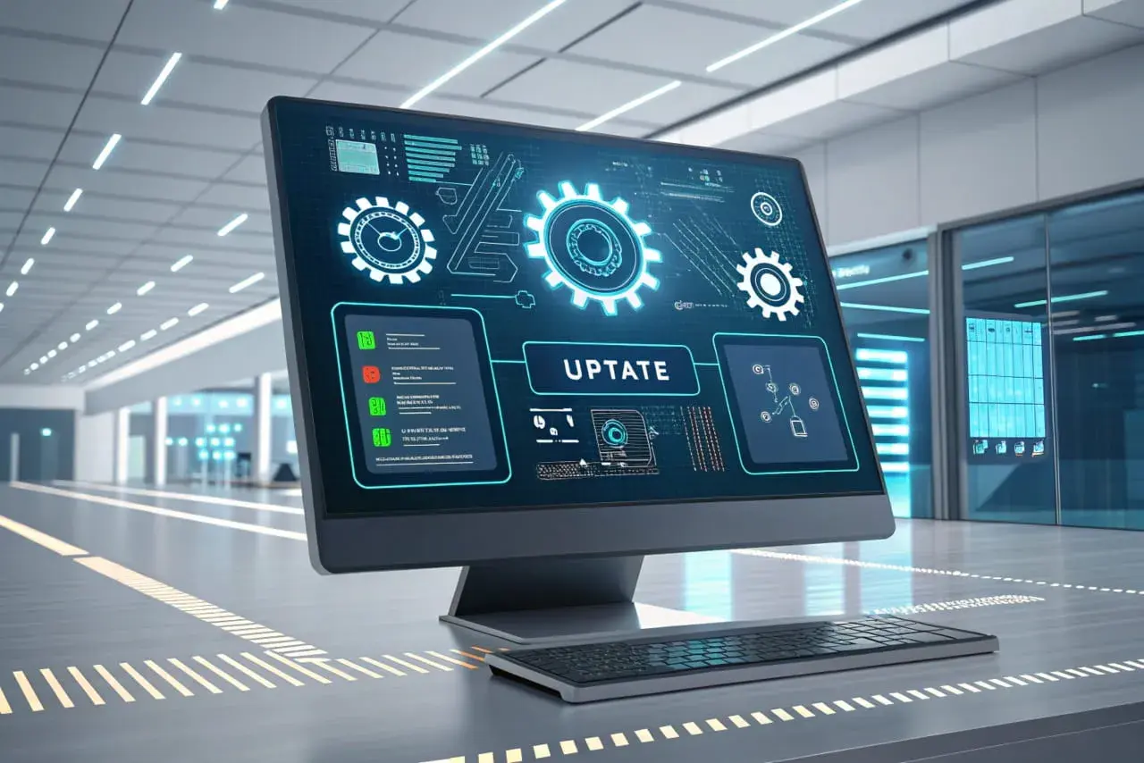 Ein Monitor zeigt technische Grafiken und das Wort "UPTATE". Dies illustriert, was ein BIOS-Update ist: eine Aktualisierung der grundlegenden Systemsoftware.