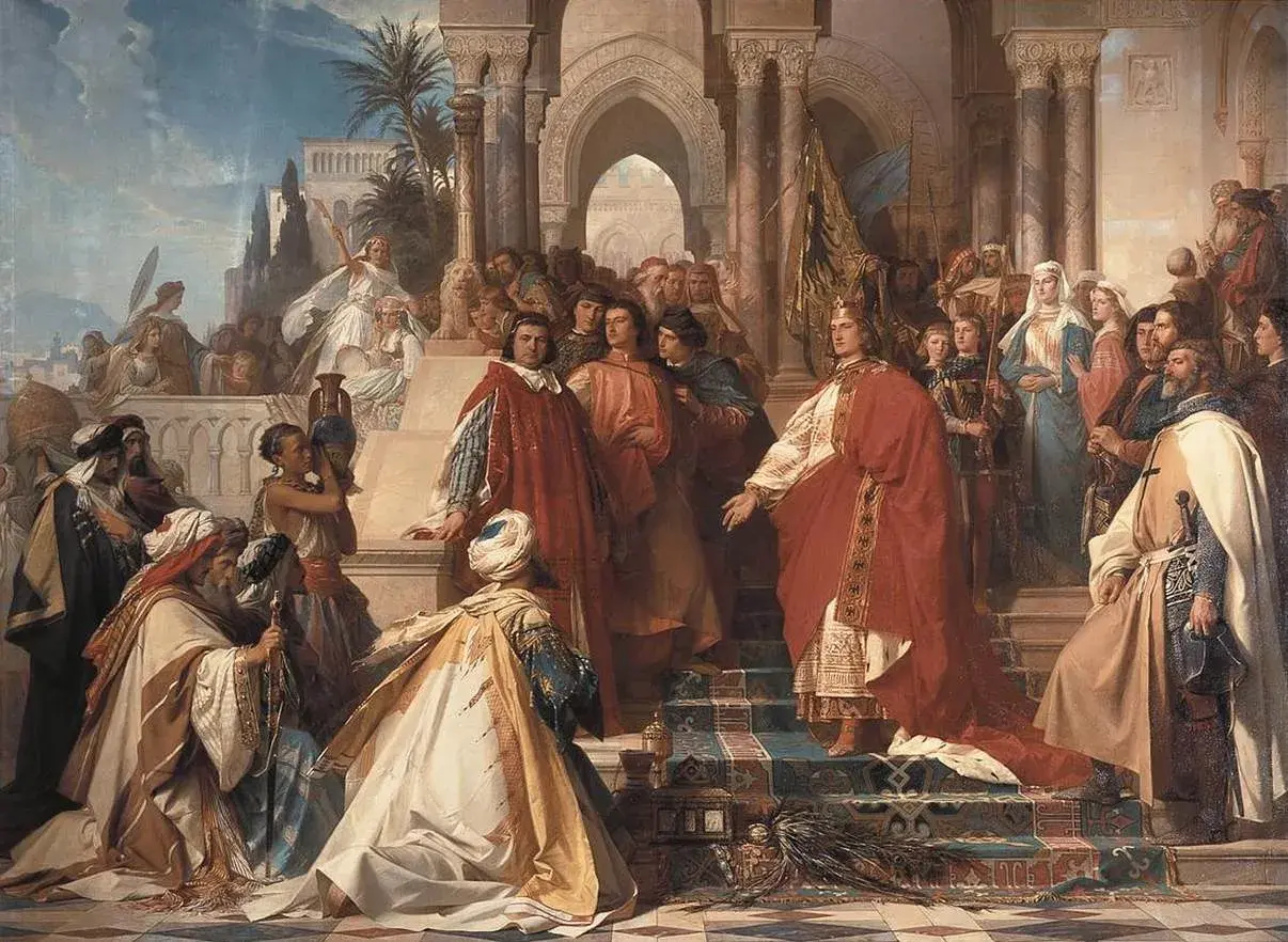 Federico II di Sicilia, incoronato e circondato da dignitari, riceve omaggi in un sontuoso palazzo.