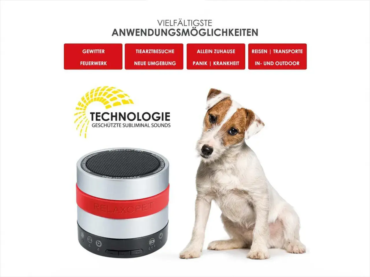 Ein süßer Hund sitzt neben einem Relaxopet-Gerät, das für Hunde Entspannungsmusik abspielt. Ideal bei Gewitter, Feuerwerk oder Tierarztbesuchen.