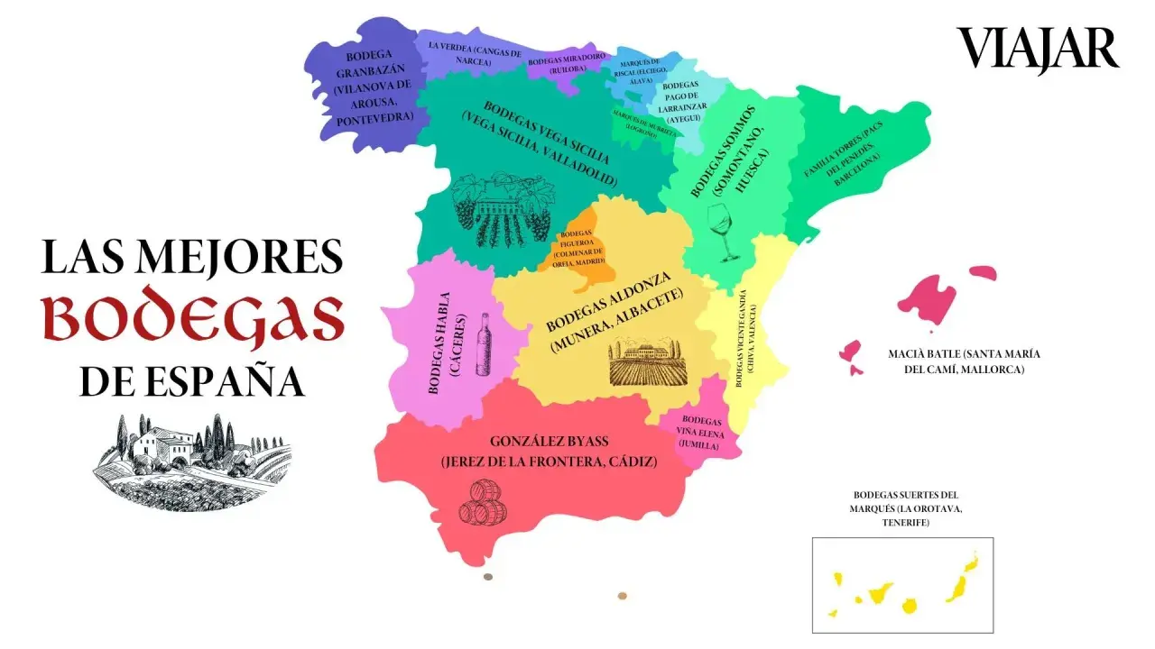 Mapa de las mejores bodegas de España, destacando regiones vinícolas y nombres como Bodegas Vega Sicilia y González Byass.