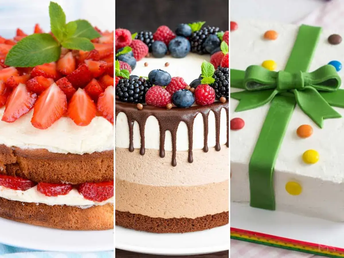 Tres sencillas tartas de cumpleaños originales para adultos: una de fresas, otra de frutos rojos y chocolate, y una tercera decorada como un regalo.