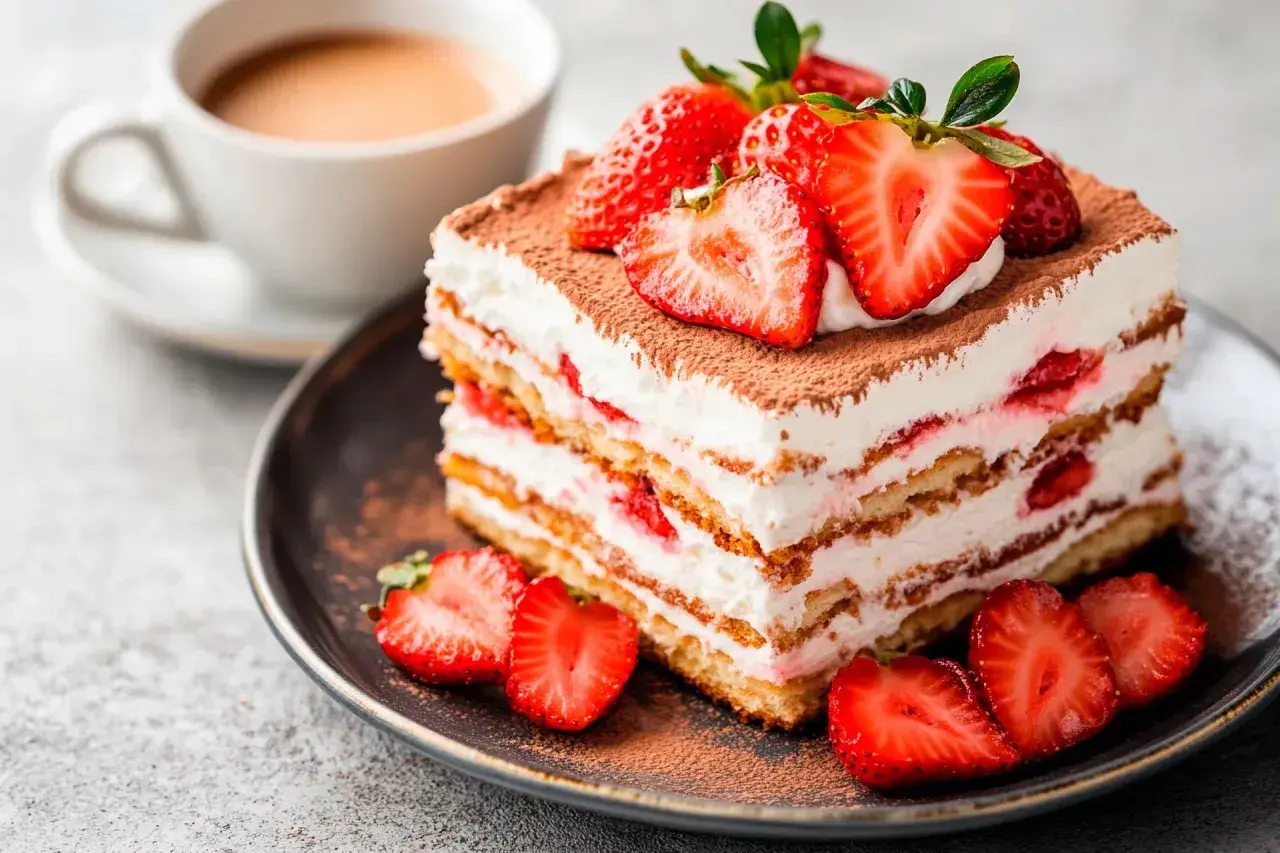 Pyszne tiramisu z truskawkami, idealne, gdy szukasz czegoś **co zamiast amaretto do tiramisu**. Podane z kawą.