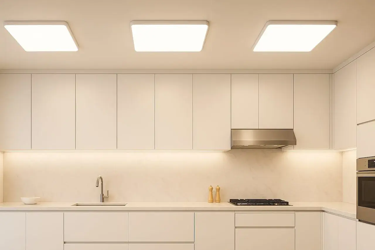 Cocina moderna con gabinetes blancos y un plafón led fino que ilumina el espacio.