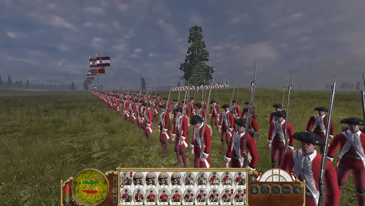 Żołnierze w czerwonych mundurach maszerują w formacji w grze Empire Total War. Flagi powiewają na wietrze.