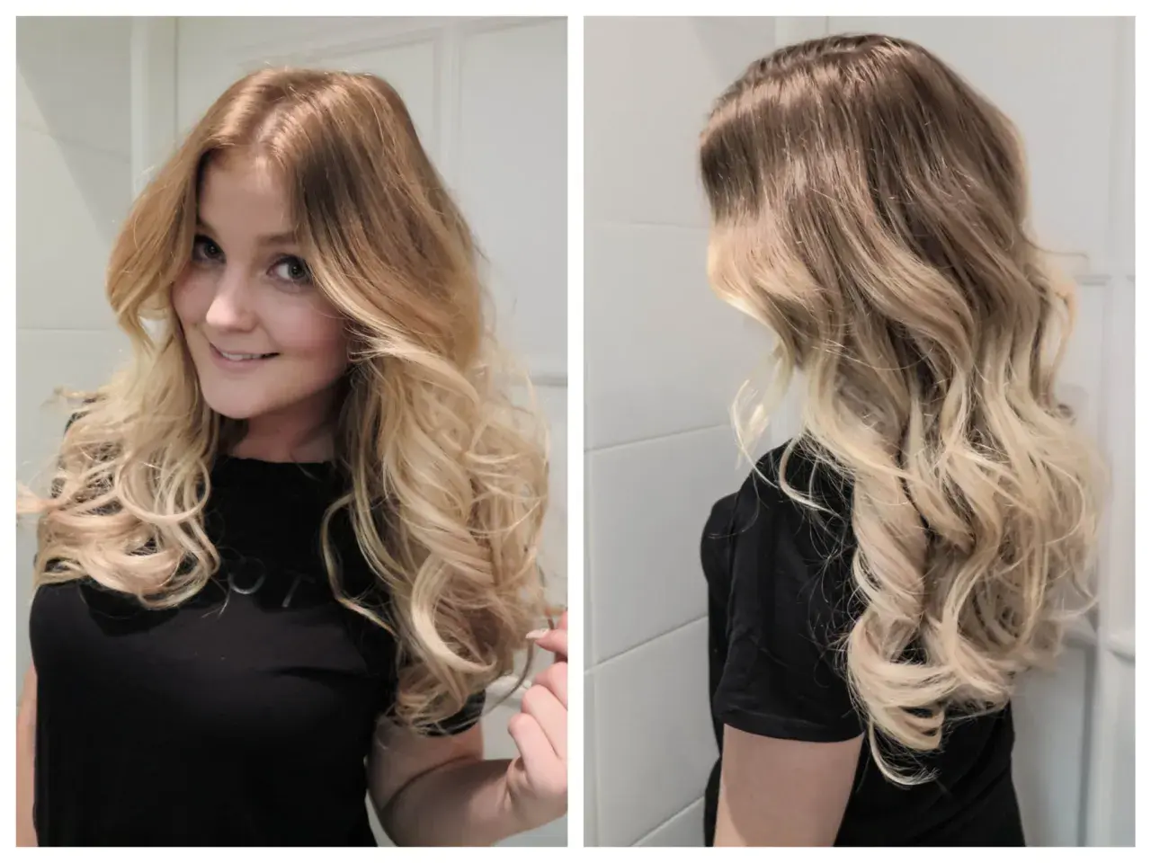 En kvinna med vackra, blonda lockar som ramar in hennes ansikte. Håret är stylat i mjuka vågor.