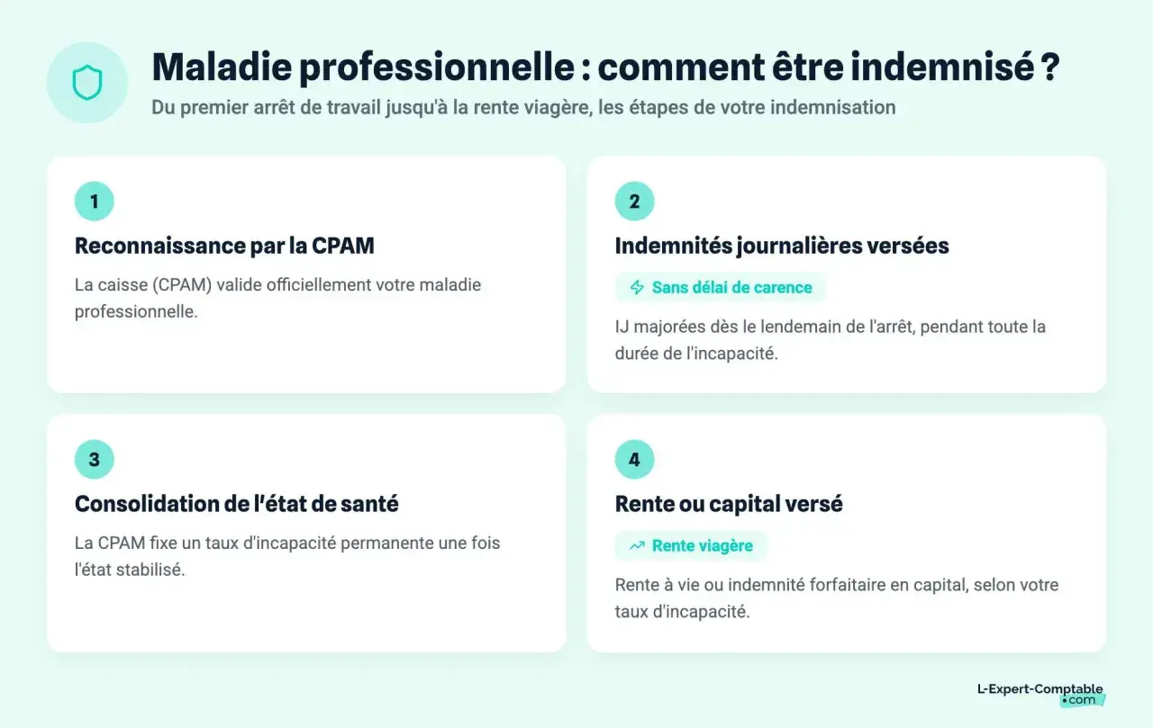 Maladie professionnelle reconnue : combien de temps pour être indemnisé ? Étapes : reconnaissance CPAM, indemnités journalières, consolidation, rente ou capital.
