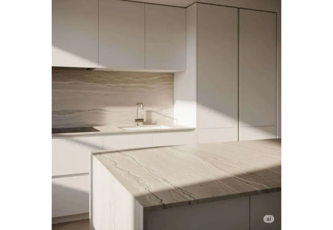 Cuisine moderne avec îlot central. La position des prises de courant est discrète, intégrée au design épuré.