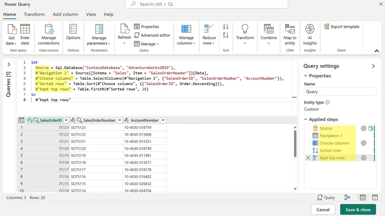 Interfaccia di Power Query con codice M per un corso Power BI gratis. Mostra i passaggi per selezionare, ordinare e filtrare dati.