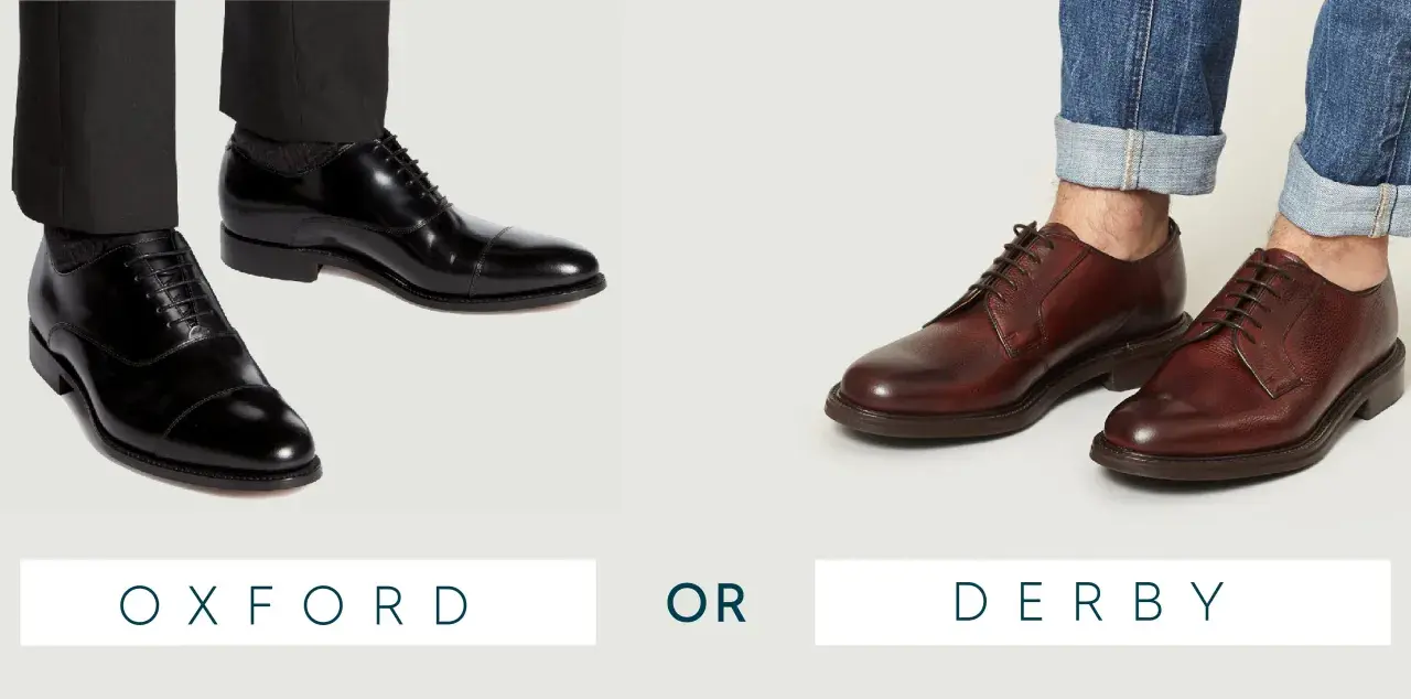 Schwarze Oxford-Schuhe mit Anzughose und braune Derby-Schuhe mit Jeans. Die Wahl zwischen Oxford vs Derby.