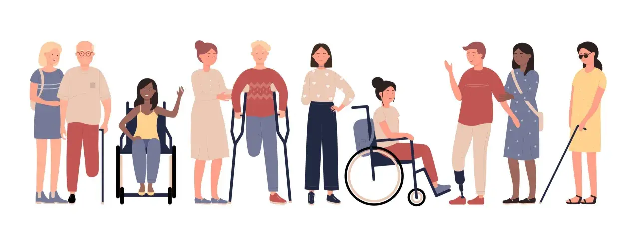 Un tableau illustrant la diversité des personnes, certaines en fauteuil roulant, d'autres avec des prothèses ou des béquilles, rappelant l'importance de la prise en compte des maladies professionnelles.